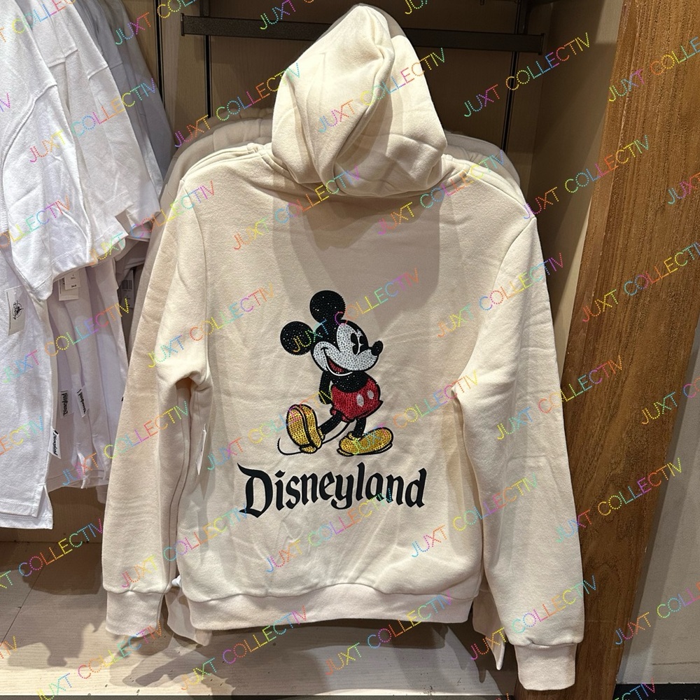 NWT Disneyland Mickey Mouse Crystal Rhinestones Cream Zip Up Hoodie Sweater